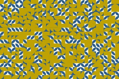 Seamless Geometric Pattern with Blue and Yellow Shapes on White Background Stock Illustration