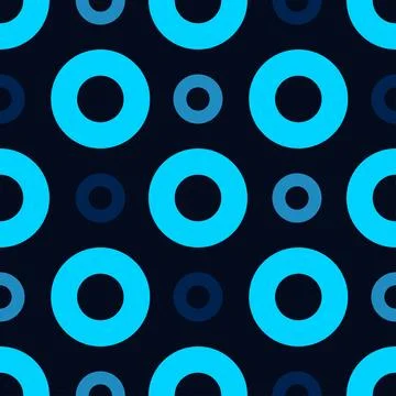 Seamless geometric pattern with blue circles and rings on dark background. Stock Illustration