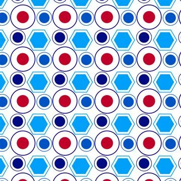 Seamless Geometric Pattern With Blue Hexagons and Red Dot Circles for Retro.. Stock Illustration