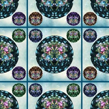 Seamless geometric pattern with Christmas balls on a fractal background. Square Foto stock