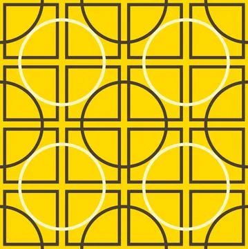 Seamless geometric pattern of circles and squares on a yellow background Stock Illustration