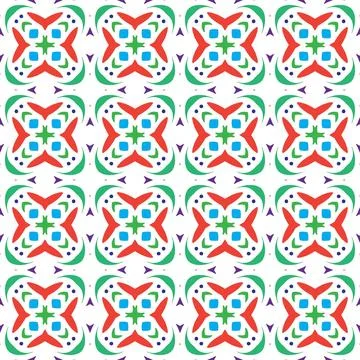 Seamless geometric pattern with colorful abstract shapes in red, green, and blue Stock Illustration