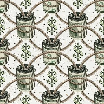 Seamless geometric pattern with dollar sign, money rolls of 100 dollars bills 스톡 일러스트
