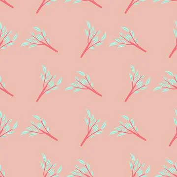 Seamless geometric pattern with doodle leaf branches ornament. Pink backgroun Stock Illustration