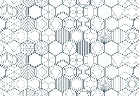 Seamless geometric pattern featuring abstract line art hexagons and cubes. Th Stock Illustration