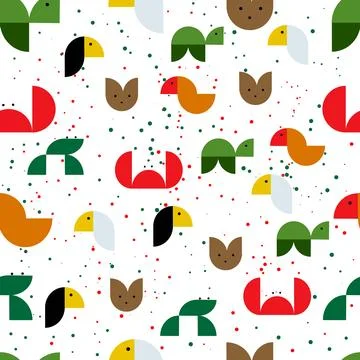 A seamless geometric pattern featuring animals, birds and plants in a minim.. イラスト素材