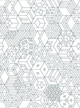 Seamless geometric pattern featuring isometric 3D cubes and hexagonal line ar Stock Illustration