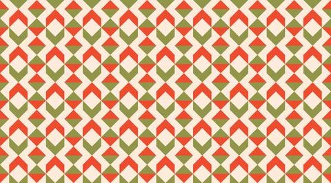 Seamless geometric pattern featuring red and green triangles and diamonds i.. Illustrazione stock