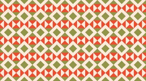 Seamless geometric pattern featuring red and green triangles and diamonds i.. Illustrazione stock