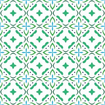 Seamless geometric pattern with green and blue elements on a white background. Stock Illustration