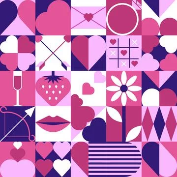 Seamless geometric pattern with hearts, arrows, flowers, and romantic symbols Stock Illustration