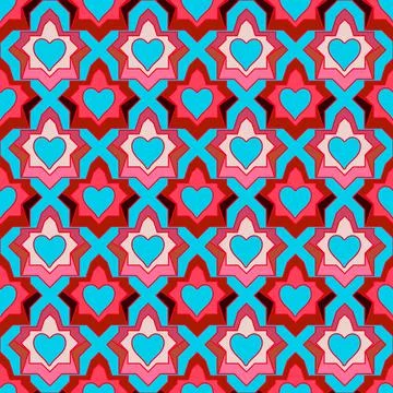 Seamless geometric pattern of hearts on a blue background. An original intric Stock Illustration