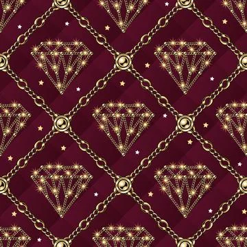 Seamless geometric pattern with icon diamond made of jewelry gold, chains Stock Illustration