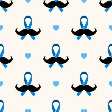 Seamless geometric pattern with mustache, blue ribbon and hearts. November Illustrazione stock