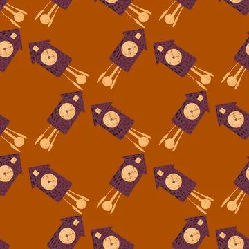 Seamless geometric pattern with purple colored cuckoo clock print. Brick oran 스톡 일러스트