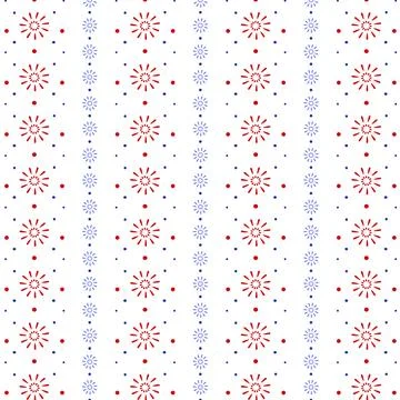 Seamless geometric pattern with red and blue floral motifs on white background Stock Illustration