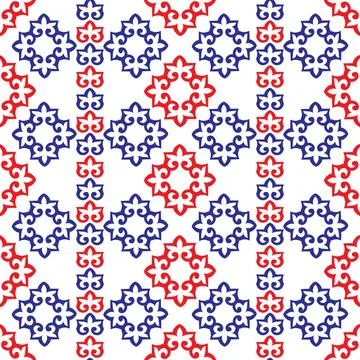 Seamless geometric pattern in red and blue featuring stylized, ornate motifs  Stock Illustration