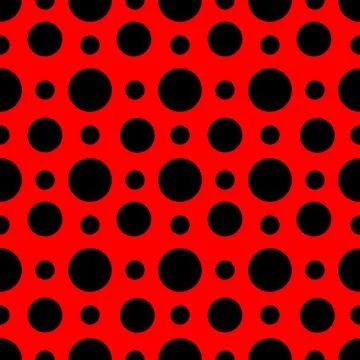 Seamless geometric pattern of red circles on a black background, texture Illustrazione stock