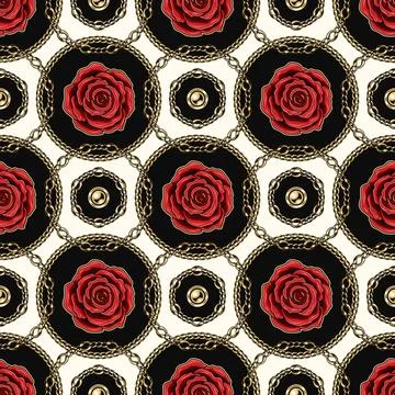 Seamless geometric pattern with red roses, elements made of gold chains, bead Stock Illustration