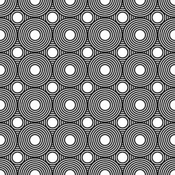Seamless geometric pattern repeating overlapping rows circles, black and whit Stock Illustration
