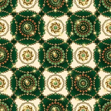 Seamless geometric pattern with round jewelry ornaments in staggered manner. Stock Illustration