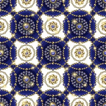 Seamless geometric pattern with round jewelry ornaments in staggered manner Stock Illustration
