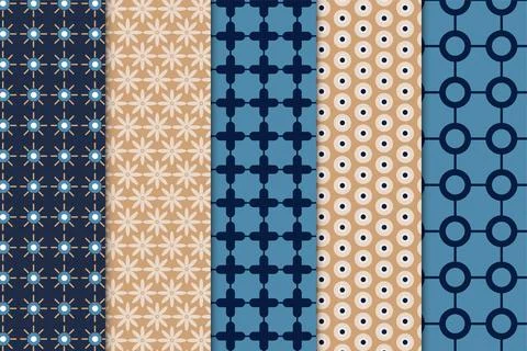Seamless geometric pattern set decoration on dark and blue backgrounds. Mod.. Illustrazione stock