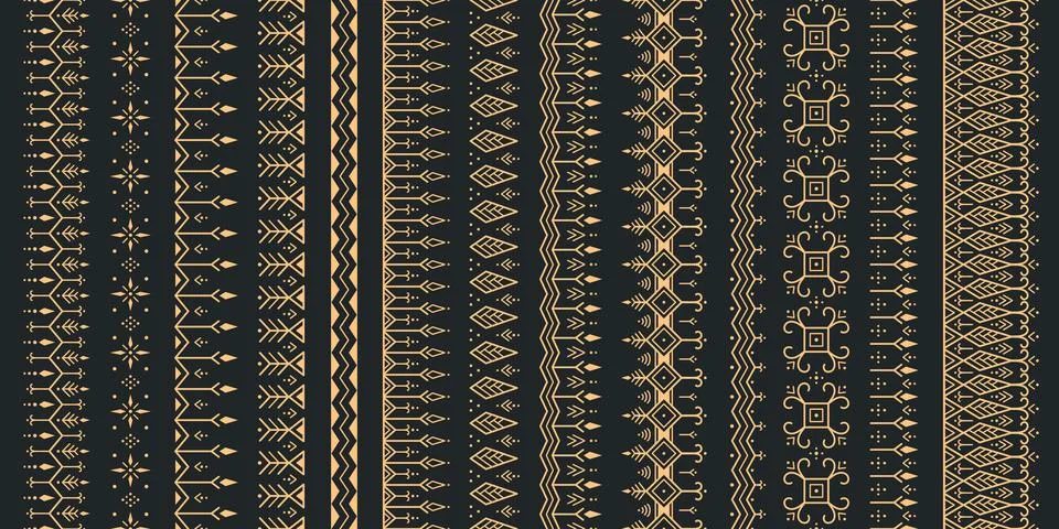 Seamless Geometric Pattern Set. Gold on Black Tribal Ornamental Design Stock Illustration