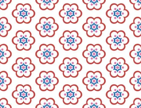 Seamless geometric pattern, texture or background vector in red, blue, pink c Stock Illustration