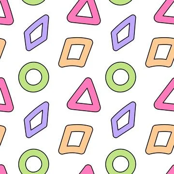 Seamless Geometric Pattern with Triangles, Circles, and Diamonds Stock Illustration