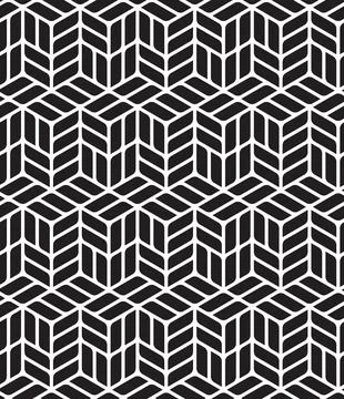 Seamless geometric pattern with white striped cubes on black background. Stock Illustration