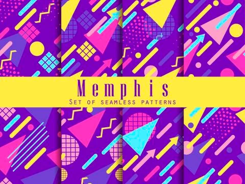 Seamless geometric patterns of memphis style. Fashion 80's backgrounds set. V Stock-Illustration