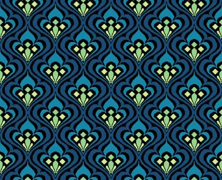 Seamless geometric pixel floral pattern in blue and green tones on a dark ba Stock Illustration