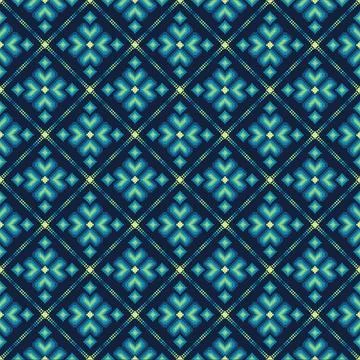Seamless geometric pixel hearts pattern in green tones on a dark blue backgr Stock Illustration