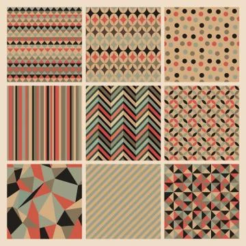 Seamless geometric retro background set. Stock Illustration
