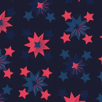 Seamless Geometric Star Pattern on Dark Navy Background, Pink and Blue Stylized 스톡 일러스트