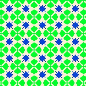 Seamless Geometric Tile Pattern With Blue Starburst Motifs On Green Cream B.. イラスト素材