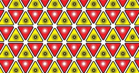 Seamless Geometric Triangle Pattern With Red And Yellow Warning Sunburst Ic.. Stock Illustration