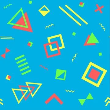 Seamless geometric vintage pattern in retro 80s style on the blue background. Stock Illustration
