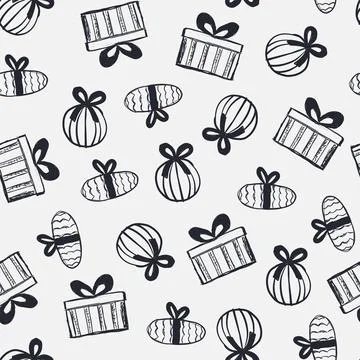 Seamless gift pattern with black ribbons. Sketch, black and white image. Gi.. Stock Illustration