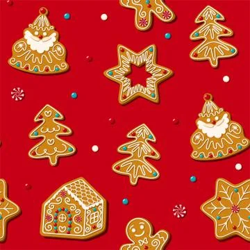 Seamless gingerbread christmas cookie. Vector pattern red background Illustrazione stock
