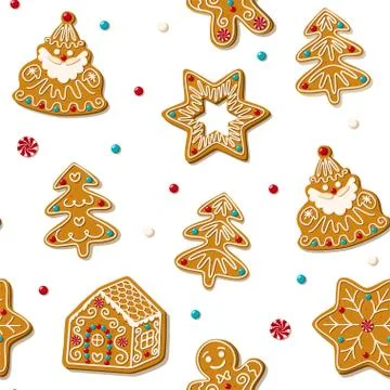 Seamless gingerbread christmas cookie. Vector pattern white background Stock Illustration