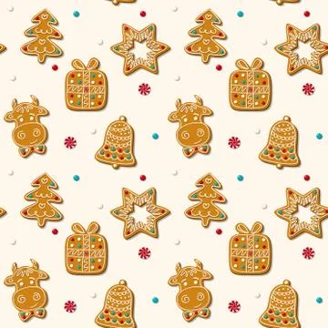 Seamless gingerbread christmas cookie. Vector pattern white background Stock Illustration