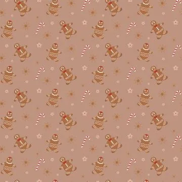 Seamless gingerbread christmas pattern of gingerbread men and striped candy c Stock Illustration