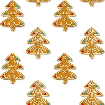 Seamless gingerbread christmas tree cookie. Pattern white background Stock Illustration