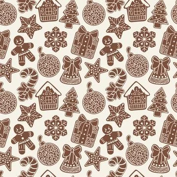 Seamless Gingerbread Cookie Doodle Pattern with House, Tree and Snowflake Stock Illustration