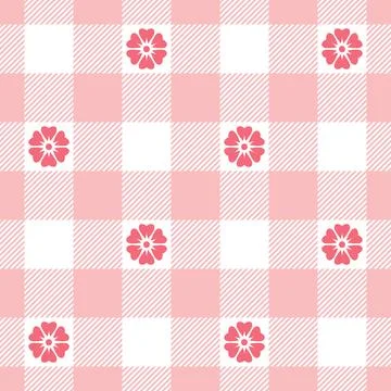 Seamless gingham pattern with bright coloured flowers with pink undertones Stock Illustration