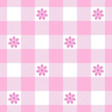 Seamless gingham pattern with bright coloured flowers with pink undertones Stock Illustration
