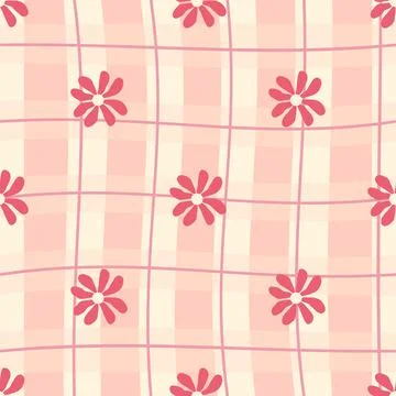 Seamless gingham pattern with cute daisy flowers, diagonals and checkered bac Stock Illustration