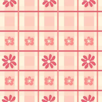 Seamless gingham pattern with cute daisy flowers, diagonals and checkered b.. Illustrazione stock